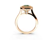 Halo Engagement Ring Setting for Fancy Green Radiant Cut Center with Milgrain Frame, Pave Band and Prong Head in Rose Gold