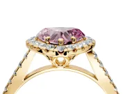 Halo Engagement Ring Setting for Fancy Pink Heart-Shaped Center with Raised Halo, Pave Band and Prong Head in Yellow Gold