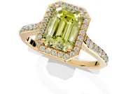 Halo Engagement Ring Setting for Fancy Yellow Emerald Cut Center with Pave Accents, Heart Basket and Prong Head in Yellow Gold