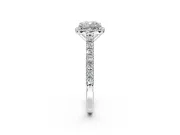 Halo Engagement Ring Setting for Cushion Cut Center with Full Pave Band and Prong Head in White Gold