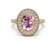 Halo Engagement Ring Setting for Fancy Pink Oval Center with Milgrain Frame, Pave Band and Prong Head in Yellow Gold