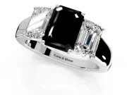 3 Stone Engagement Ring Setting for Fancy Black Emerald Cut Center with Raised Basket Heads and Prong Head in Sterling Silver