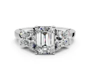 Floral Engagement Ring Setting for Emerald Cut Center with Marquise Cluster Shoulders and Prong Head in White Gold