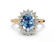Starburst Halo Engagement Ring Setting for Fancy Blue Oval Center with Thin Round-Wire Band and Prong Head in Yellow Gold