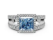 Halo Engagement Ring Setting for Fancy Blue Princess Cut Center with Wide-Open Pave Split Shank and Prong Head in Platinum