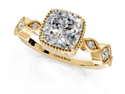 Vintage Station Engagement Ring Setting for Cushion Cut Center with Accents and Prong Head in Yellow Gold