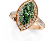 Milgrain Halo Engagement Ring Setting for Fancy Green Marquise Center with Three-Sided Pave Band and Prong Head in Rose Gold