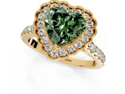 Milgrain Floral Halo Engagement Ring Setting for Fancy Green Heart-Shaped Center with Pave Band and Prong Head in Yellow Gold