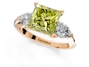 3 Stone Engagement Ring Setting for Fancy Yellow Princess Cut Center with Large Pear-Shaped Accents and Prong Head in Rose Gold