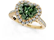 Halo Engagement Ring Setting for Fancy Green Heart-Shaped Center with Raised Halo, Pave Band and Prong Head in Yellow Gold