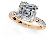 Solitaire Engagement Ring Setting for Asscher Cut Center with Round Cut Pave Band and Prong Head in Rose Gold