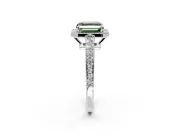 Bezel-Framed Halo Engagement Ring Setting for Fancy Green Asscher Cut Center with Pave Band and Prong Head in White Gold