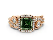 Milgrain Halo Engagement Ring Setting for Fancy Green Asscher Cut Center with Shoulder Bezels and Prong Head in Rose Gold
