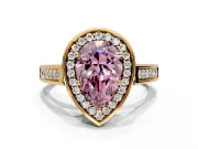 Halo Engagement Ring Setting for Fancy Pink Pear-Shaped Center with Outer Bezel Rim, Pave Band and Prong Head in Yellow Gold