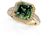 Bezel-Framed Halo Engagement Ring Setting for Fancy Green Asscher Cut Center with Pave Band and Prong Head in Yellow Gold