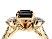 3 Stone Engagement Ring Setting for Fancy Black Radiant Cut Center with Crossover Basket, Pave Band and Prong Head in Yellow Gold