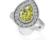 Halo Engagement Ring Setting for Fancy Yellow Pear-Shaped Center with Milgrain Frame, Pave Band and Prong Head in Platinum