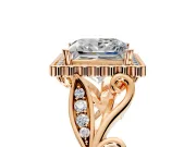 Halo Engagement Ring Setting for Princess Cut Center with Leaf Motif Split Shank and Prong Head in Rose Gold