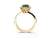 Halo Engagement Ring Setting for Fancy Green Round Cut Center with Openwork Halo, Pave Band and Prong Head in Yellow Gold