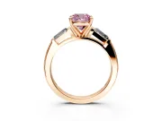 3 Stone Engagement Ring Setting for Fancy Pink Cushion Cut Center with Tapered Baguettes, Plain Band and Prong Head in Rose Gold