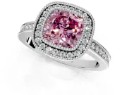 Halo Engagement Ring Setting for Fancy Pink Cushion Cut Center with Milgrain Halo, Pave Band and Prong Head in Platinum