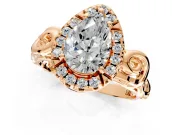 Halo Engagement Ring Setting for Pear-Shaped Center with Open Scroll Shoulders and Prong Head in Rose Gold