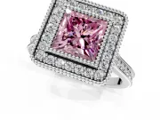 Halo Engagement Ring Setting for Fancy Pink Princess Cut Center with Milgrain Frame, Pave Band and Prong Head in Platinum