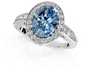 Bezel-Framed Halo Engagement Ring Setting for Fancy Blue Oval Center with Pave Band and Prong Head in Platinum