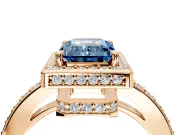 Halo Engagement Ring Setting for Fancy Blue Emerald Cut Center with Metal-Rimmed Halo, Pave Band and Prong Head in Rose Gold