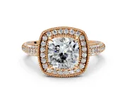 Milgrain Halo Engagement Ring Setting for Cushion Cut Center with Three-Sided Pave Band and Prong Head in Rose Gold