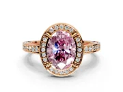 Halo Engagement Ring Setting for Fancy Pink Oval Center with Framed Halo, Pave Band and Prong Head in Rose Gold