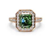Bezel-Framed Halo Engagement Ring Setting for Fancy Green Radiant Cut Center with Pave Band and Prong Head in Rose Gold