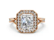 Halo Engagement Ring Setting for Radiant Cut Center with Milgrain Rim, Pave Band and Prong Head in Rose Gold