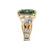 3 Stone Engagement Ring Setting for Fancy Green Radiant Cut Center with Crossover Basket, Pave Band and Prong Head in Yellow Gold