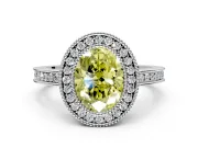 Halo Engagement Ring Setting for Fancy Yellow Oval Center with Milgrain Halo, Pave Band and Prong Head in White Gold