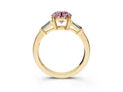 3 Stone Engagement Ring Setting for Fancy Pink Round Cut Center with Baguette Accents and Prong Head in Yellow Gold