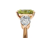 3 Stone Engagement Ring Setting for Fancy Yellow Emerald Cut Center with Large Pear-Shaped Accents and Prong Head in Rose Gold