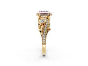 Milgrain Halo Engagement Ring Setting for Fancy Pink Asscher Cut Center with Shoulder Bezels and Prong Head in Yellow Gold