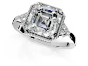 Cluster Engagement Ring Setting for Asscher Cut Center with Milgrain Shoulder Clusters and Prong Head in White Gold