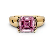 Tension Engagement Ring Setting for Fancy Pink Asscher Cut Center with Wide Flat Band and Tension Head in Yellow Gold