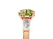 3 Stone Engagement Ring Setting for Fancy Yellow Round Cut Center with Channel Baguette Accents and Prong Head in Rose Gold