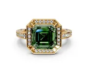 Halo Engagement Ring Setting for Fancy Green Asscher Cut Center with Framed Halo, Pave Band and Prong Head in Yellow Gold