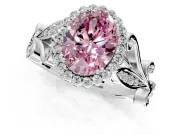 Halo Engagement Ring Setting for Fancy Pink Oval Center with Leaf Motif Split Shank and Prong Head in Sterling Silver