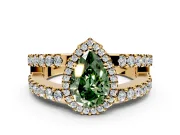 Halo Engagement Ring Setting for Fancy Green Pear-Shaped Center with Wide-Open Pave Split Shank and Prong Head in Yellow Gold