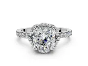 Halo Engagement Ring Setting for Cushion Cut Center with Openwork Halo, Pave Band and Prong Head in Platinum