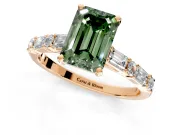Baguette Engagement Ring Setting for Fancy Green Emerald Cut Center with Alternating Bar-Set Band and Prong Head in Rose Gold