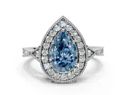 Halo Engagement Ring Setting for Fancy Blue Pear-Shaped Center with Milgrain Rim, Pave Band and Prong Head in White Gold