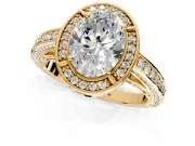 Halo Engagement Ring Setting for Oval Center with Framed Halo, Pave Band and Prong Head in Yellow Gold