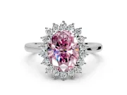 Starburst Halo Engagement Ring Setting for Fancy Pink Oval Center with Thin Round-Wire Band and Prong Head in White Gold
