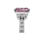 Paired Accent Engagement Ring Setting for Fancy Pink Emerald Cut Center with Pave Band and Prong Head in Platinum
